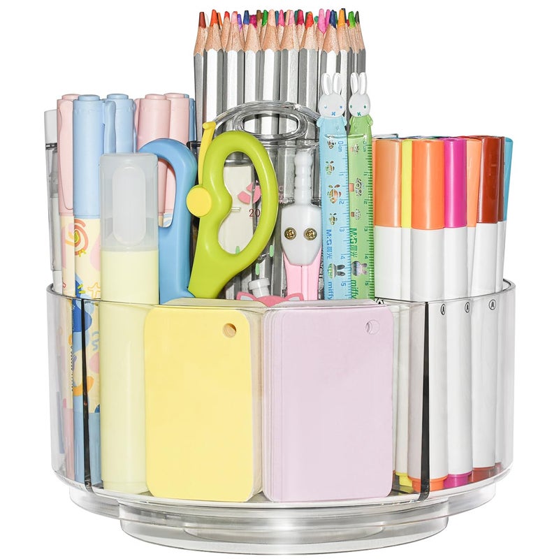 JIKIOU Acrylic Pen Holder, 360-Degree Rotating Pen Holder for Desk, Clear Desk Organizers and Accessories with 5 Compartments Pencil Organizer, Art Supply Storage Box Caddy for Office, Home - Image 1
