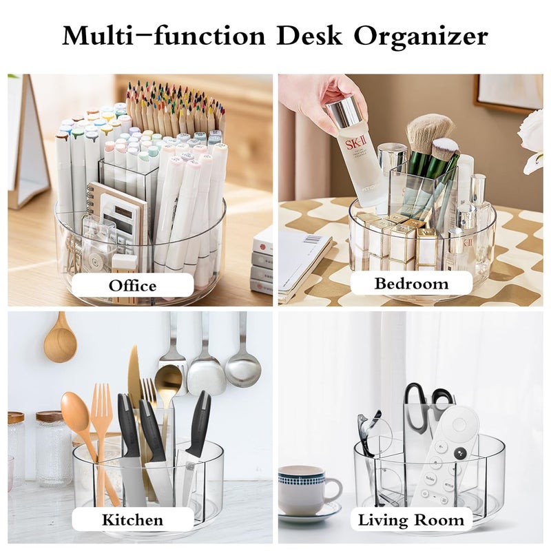 JIKIOU Acrylic Pen Holder, 360-Degree Rotating Pen Holder for Desk, Clear Desk Organizers and Accessories with 5 Compartments Pencil Organizer, Art Supply Storage Box Caddy for Office, Home - Image 2