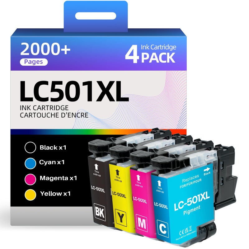 Skydo [4-Pack] LC501XL Ink Cartridges Combo Pack Compatible Replacement for Brother LC501 XL LC501BK High Yield Use with MFC-J1260DW MFC-J1360DW MFC-J1410DW Printer (Black, Cyan, Magenta, Yellow) - Image 1