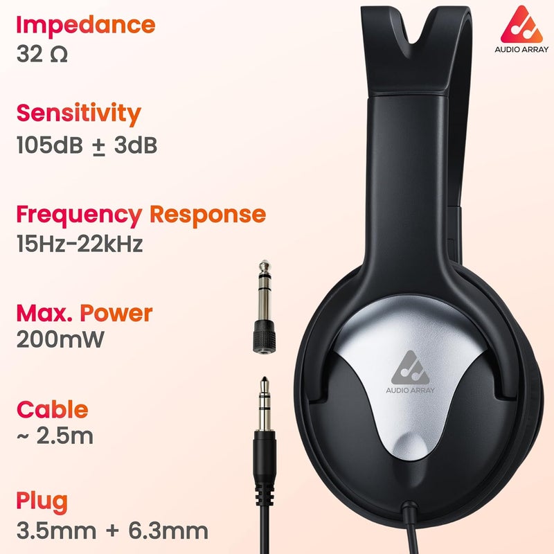 Audio Array AH-40-SL Wired Over-Ear Headphones | 40mm Drivers, Lightweight Design, Sound, Studio Monitoring, Gaming, Live Music Headset with 3.5mm + 6.3mm Plug Compatibility - Image 2