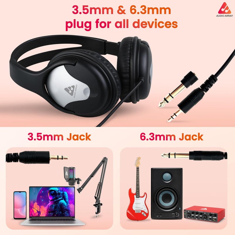 Audio Array AH-40-SL Wired Over-Ear Headphones | 40mm Drivers, Lightweight Design, Sound, Studio Monitoring, Gaming, Live Music Headset with 3.5mm + 6.3mm Plug Compatibility - Image 4