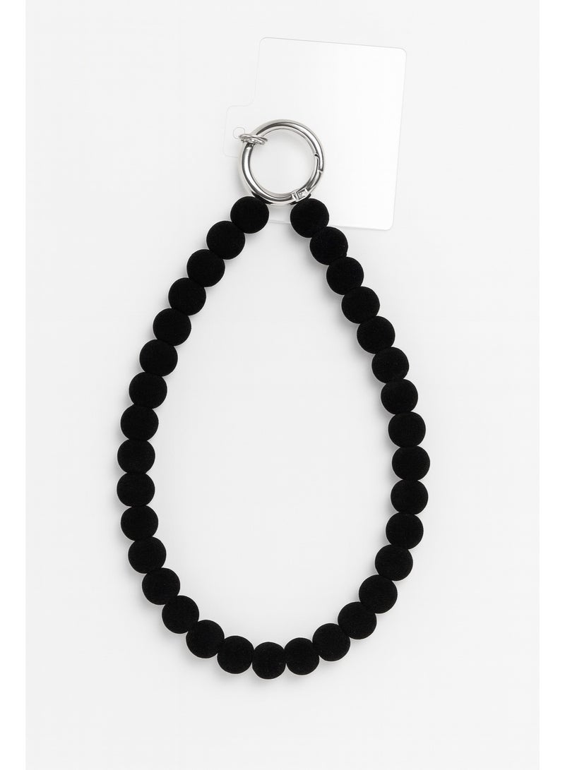 سلسلة موبايل خرز أسود مطفي – مقاس صغير – مسكة يد أنيقة بخامة قوية – حلقة فضي متينة - Image 1