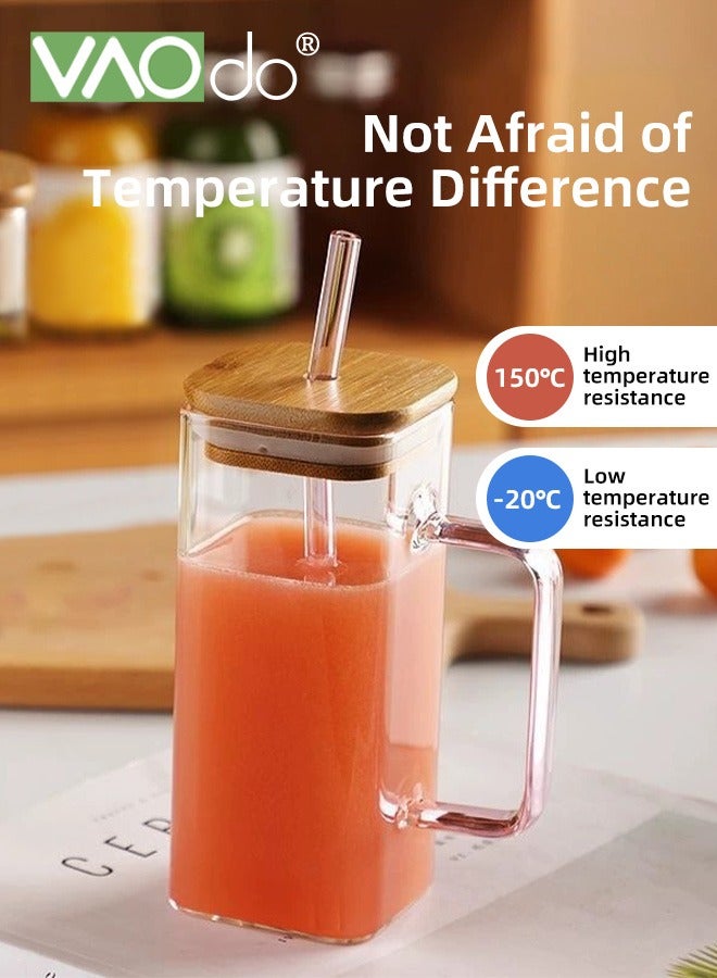 VAOdo 6 Pack Glass Cup Sets with Lids and Straws, Glass Coffee Cups with Bamboo Lids, Square Drinking Glass Cups for Iced Coffee Smoothie Oats Milk Juice and Water Containers 450 ML  - Image 2