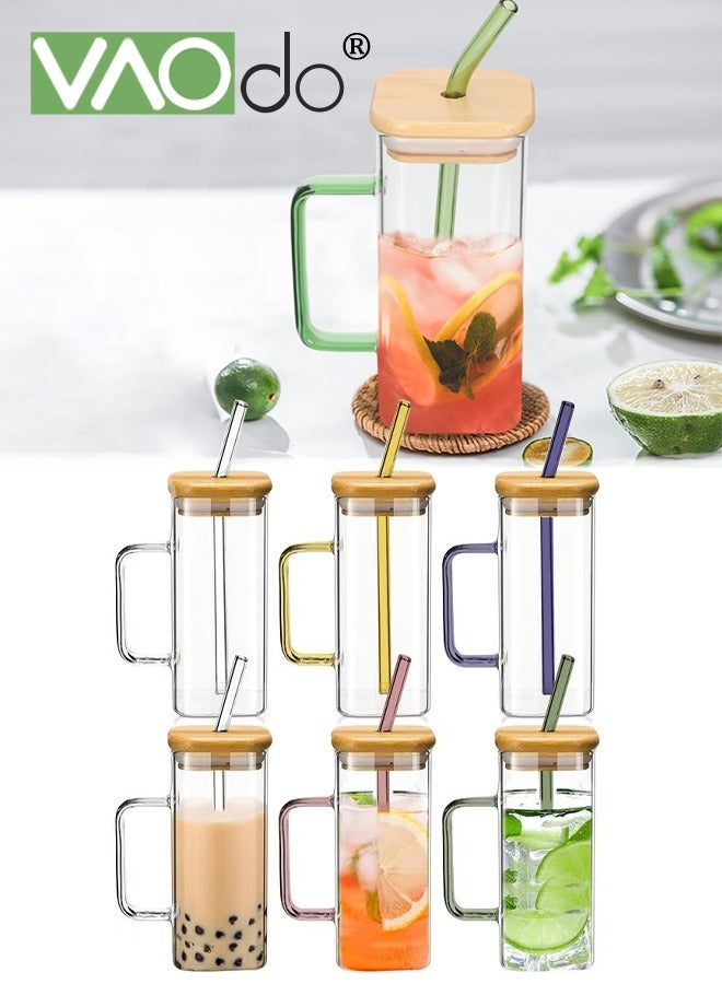 VAOdo 6 Pack Glass Cup Sets with Lids and Straws, Glass Coffee Cups with Bamboo Lids, Square Drinking Glass Cups for Iced Coffee Smoothie Oats Milk Juice and Water Containers 450 ML  - Image 1