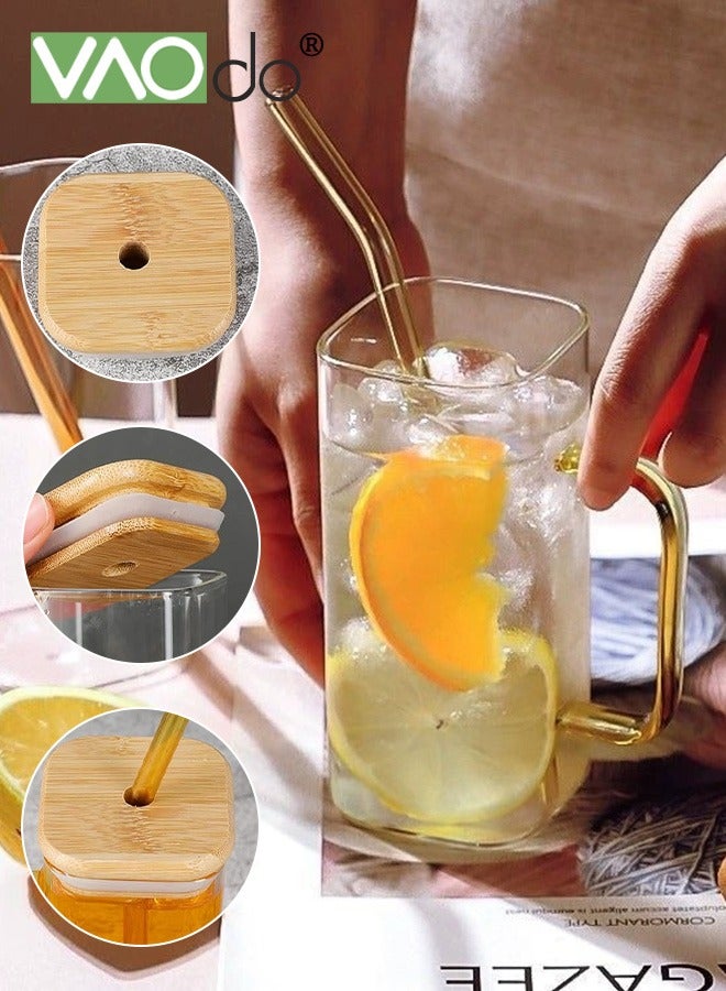 VAOdo 6 Pack Glass Cup Sets with Lids and Straws, Glass Coffee Cups with Bamboo Lids, Square Drinking Glass Cups for Iced Coffee Smoothie Oats Milk Juice and Water Containers 450 ML  - Image 4