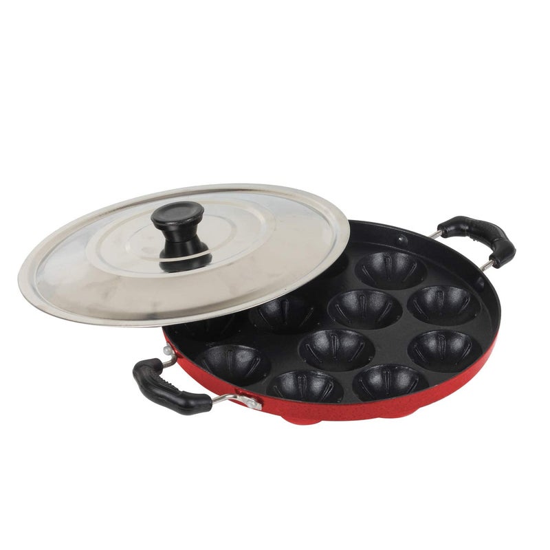 Priya Heavy 12 Cavities Non Stick Appam Patra With Stainless Lid,Red (Paniyarrakal/Paniyaram/Appam Pan/Maker/Pan Cake Maker), Aluminium (Large Black)(Gas Compatible) - Image 1