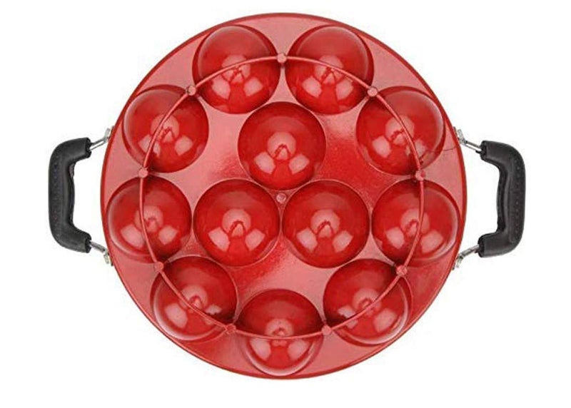 Priya Heavy 12 Cavities Non Stick Appam Patra With Stainless Lid,Red (Paniyarrakal/Paniyaram/Appam Pan/Maker/Pan Cake Maker), Aluminium (Large Black)(Gas Compatible) - Image 4