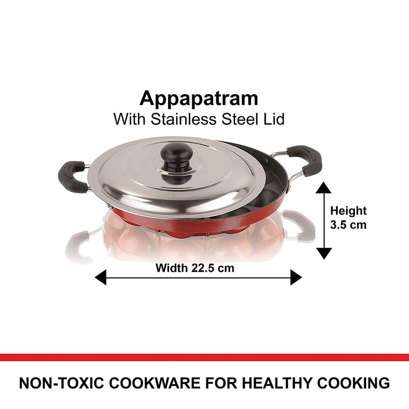 Priya Heavy 12 Cavities Non Stick Appam Patra With Stainless Lid,Red (Paniyarrakal/Paniyaram/Appam Pan/Maker/Pan Cake Maker), Aluminium (Large Black)(Gas Compatible) - Image 3