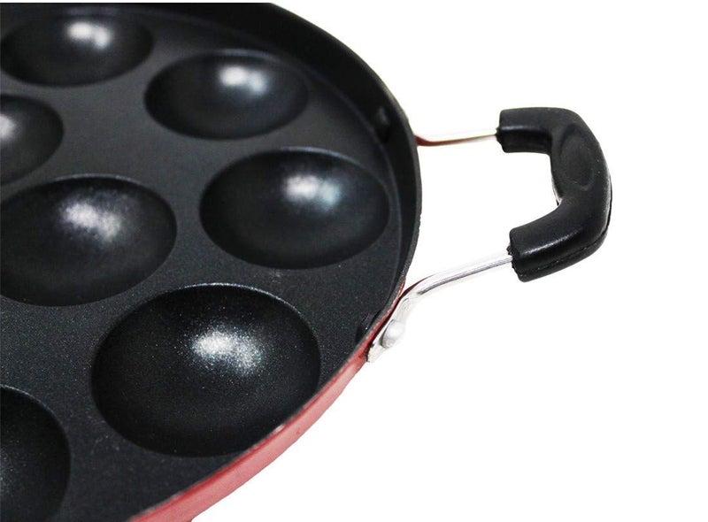 Priya Heavy 12 Cavities Non Stick Appam Patra With Stainless Lid,Red (Paniyarrakal/Paniyaram/Appam Pan/Maker/Pan Cake Maker), Aluminium (Large Black)(Gas Compatible) - Image 5