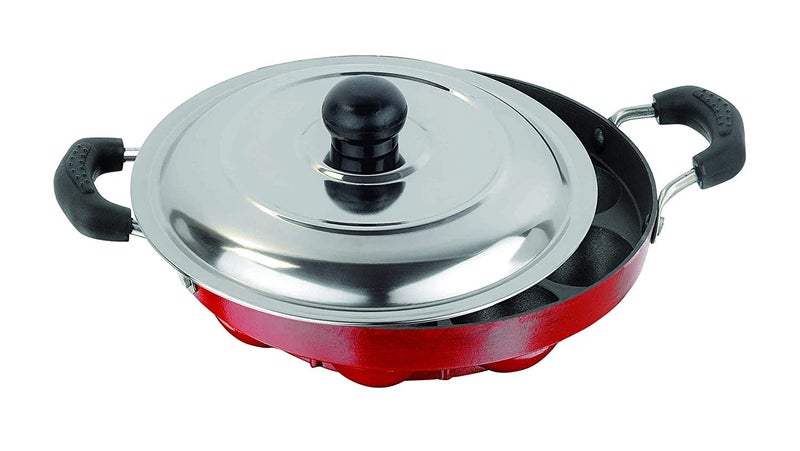 Priya Heavy 12 Cavities Non Stick Appam Patra With Stainless Lid,Red (Paniyarrakal/Paniyaram/Appam Pan/Maker/Pan Cake Maker), Aluminium (Large Black)(Gas Compatible) - Image 2