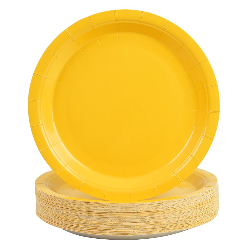 PUEVENYI 50PCS Solid Yellow Paper Plates - 7Inch Yellow Dessert Plate for Cake Salad Fruit Pizza,Disposable Decoration Supplies for Anniversaries Mermaid Birthday Wedding Party - Image 1