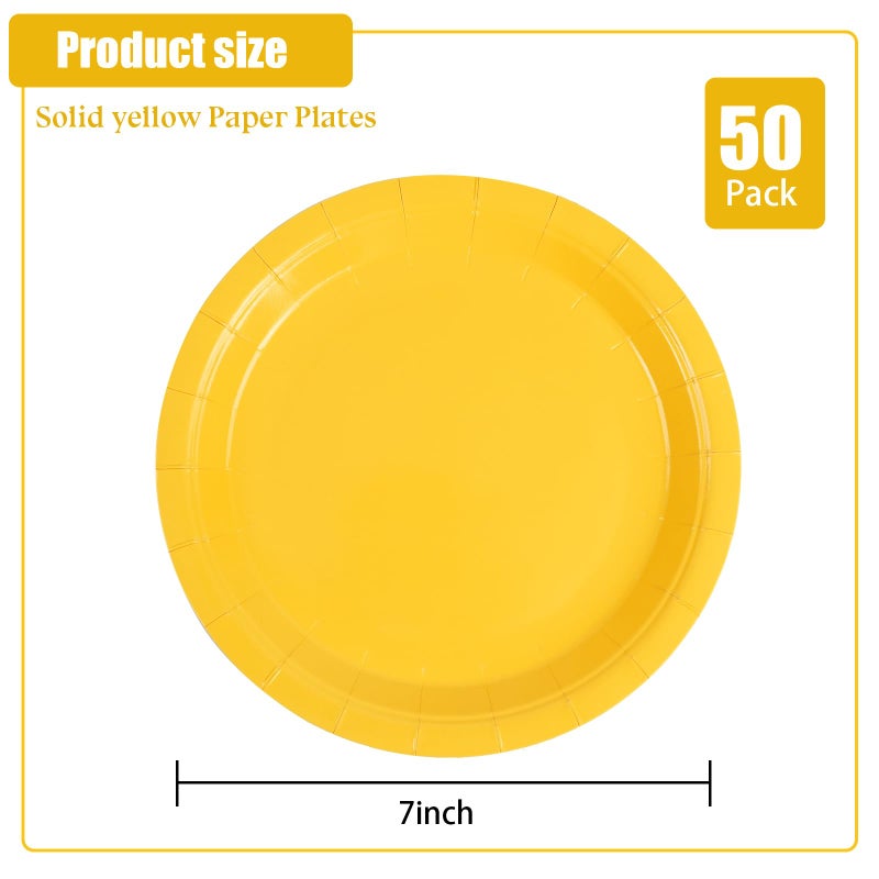 PUEVENYI 50PCS Solid Yellow Paper Plates - 7Inch Yellow Dessert Plate for Cake Salad Fruit Pizza,Disposable Decoration Supplies for Anniversaries Mermaid Birthday Wedding Party - Image 2