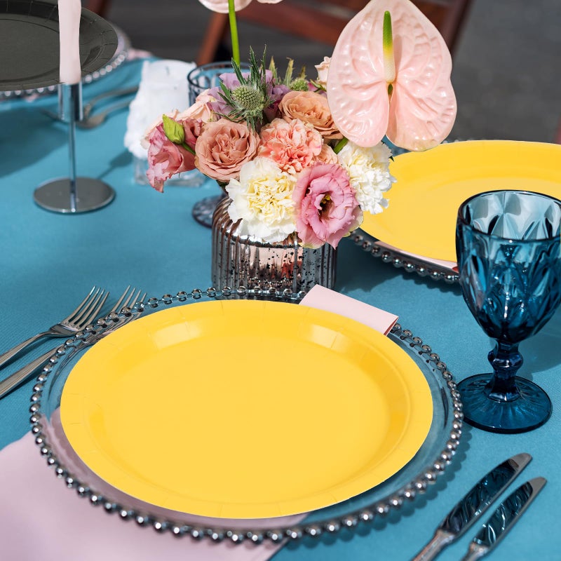 PUEVENYI 50PCS Solid Yellow Paper Plates - 7Inch Yellow Dessert Plate for Cake Salad Fruit Pizza,Disposable Decoration Supplies for Anniversaries Mermaid Birthday Wedding Party - Image 3