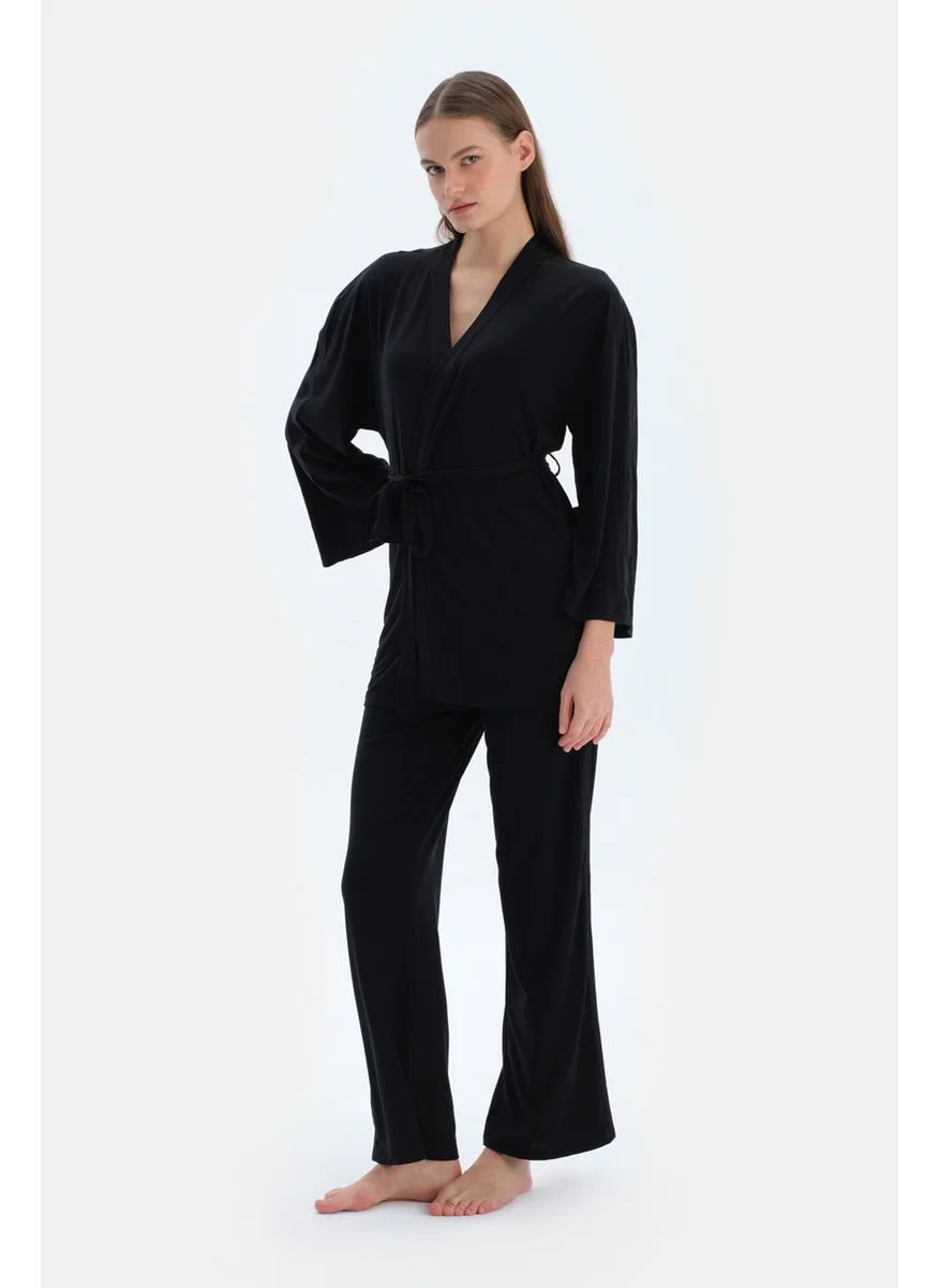 داجي Black Lace Detailed Basic Dressing Gown with Lace and Sleeve Stripe