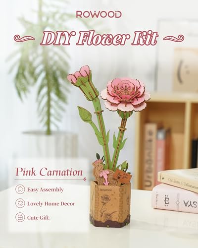rowood 3D Puzzle Wood FlowerDIY Artifical Flower Building Set Craft Kit for WomenMothers DayValentines DayTeachers DayThanksgivingChristmasBirthday Gift Pink Carnation - Image 5