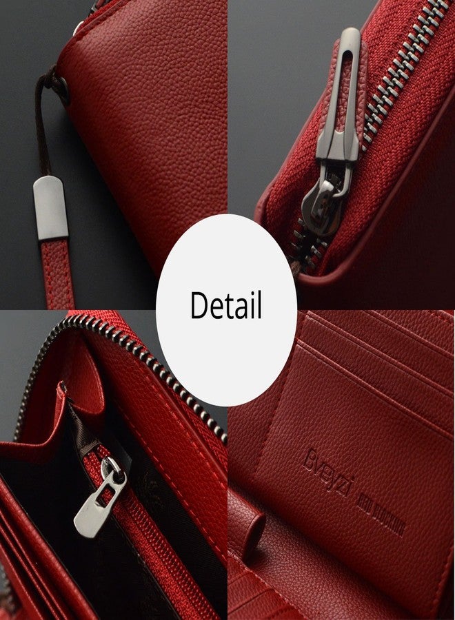 Bveyzi Women RFID Blocking Wallet Leather Zip Around Phone Clutch Large Capacity Ladies Travel Purse Wristlet (Wine Red) - Image 5