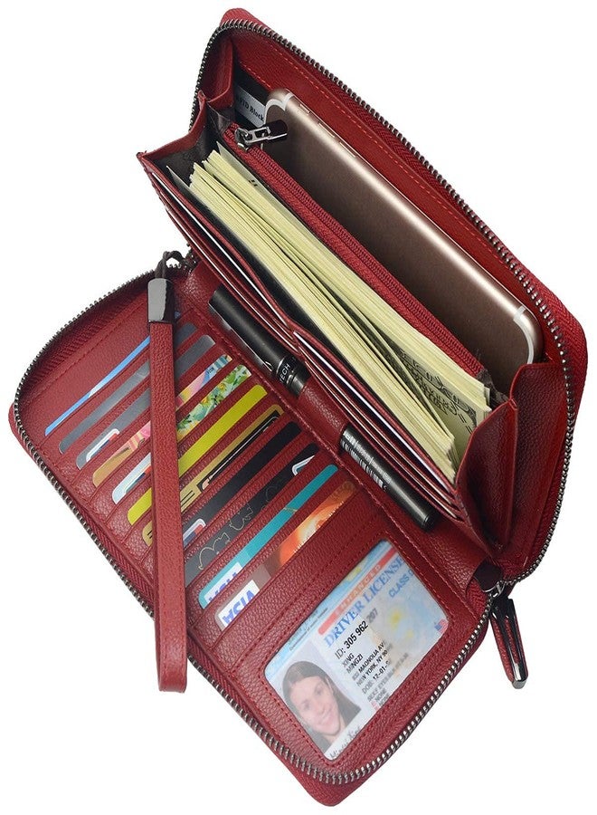 Bveyzi Women RFID Blocking Wallet Leather Zip Around Phone Clutch Large Capacity Ladies Travel Purse Wristlet (Wine Red) - Image 2