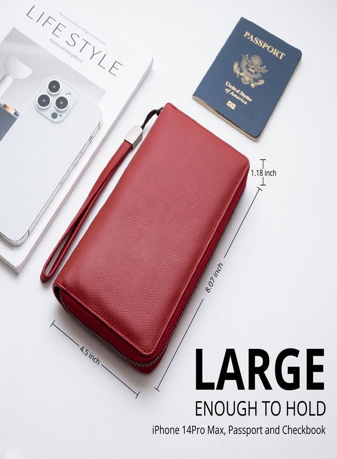 Bveyzi Women RFID Blocking Wallet Leather Zip Around Phone Clutch Large Capacity Ladies Travel Purse Wristlet (Wine Red) - Image 3