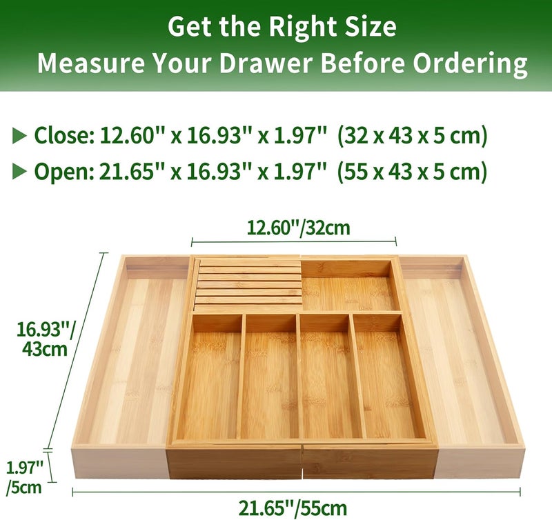 VaeFae Bamboo Silverware Drawer Organizer Kitchen, Expandable Utensil Holder and Cutlery Tray with Divider | 13"-21.6" Flatware Storage and Removable Knife Block - Image 3