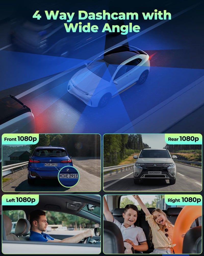 LAMTTO 4 Channel Dash Cam 360 View, 1080P Front and Rear Inside Left Right, Dash Camera for Cars with Hardwire Kit for 24h Security Parking Monitor, IR Night Vision Dashcam,128GB Card Included - Image 2