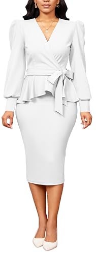 sexycherry White Dresses for Women Cocktail Elegant Wrap V Neck Ruched Long Sleeves Peplum Ruffles Pencil Business Dress with Zipper Belt (XX-Large) - Image 4