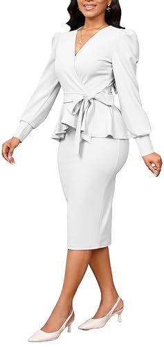 sexycherry White Dresses for Women Cocktail Elegant Wrap V Neck Ruched Long Sleeves Peplum Ruffles Pencil Business Dress with Zipper Belt (XX-Large) - Image 5