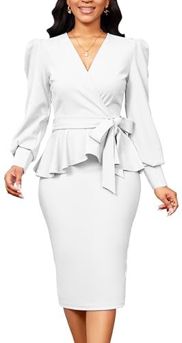 sexycherry White Dresses for Women Cocktail Elegant Wrap V Neck Ruched Long Sleeves Peplum Ruffles Pencil Business Dress with Zipper Belt (XX-Large) - Image 3