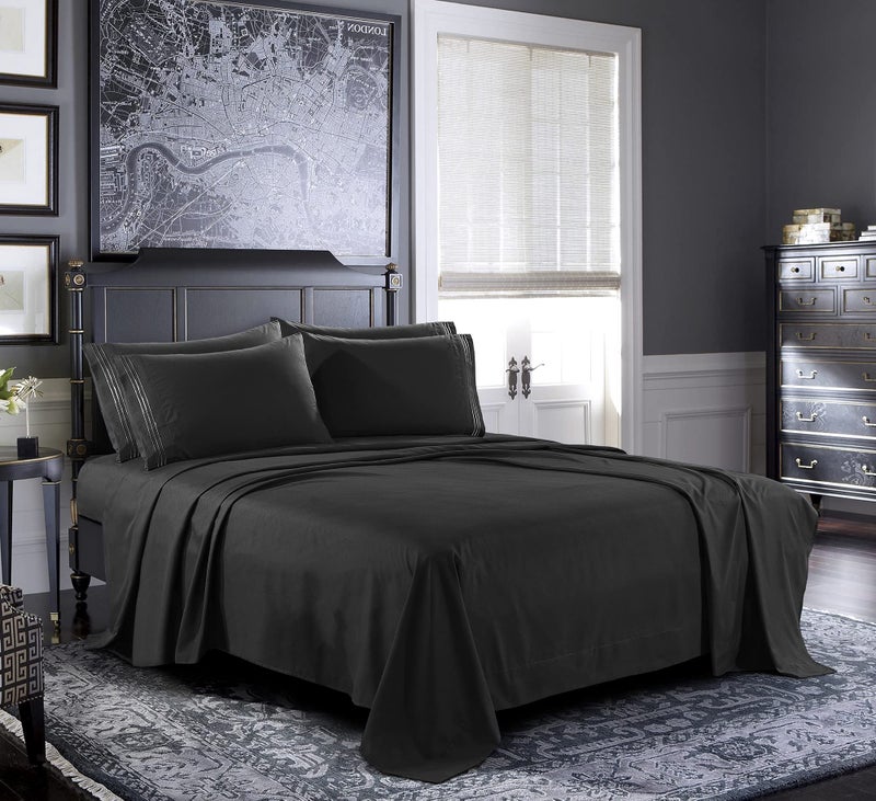Pure Bedding Bed Sheets Full Sheet Set 4Piece Black Hotel Luxury 1800 Brushed Microfiber Soft and Breathable Deep Pocket Fitted Sheet Flat Sheet Pillow Cases