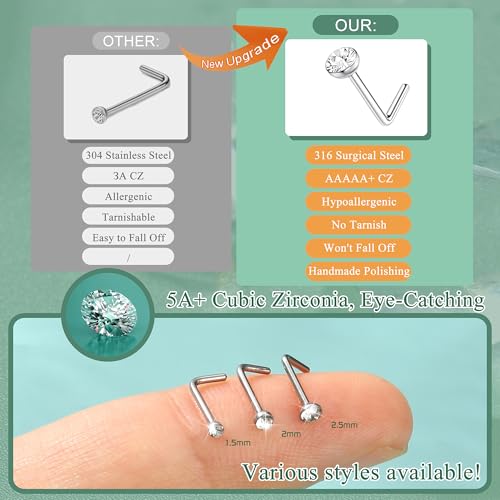 THUNARAZ 60-120pcs Stainless Steel Nose Studs Rings Piercing Pin Body Jewelry 20G-22G 1.5mm 2mm 2.5mm (H:60Pcs White CZ(1.5mm,2mm,2.5mm) 20G L Shaped) - Image 5