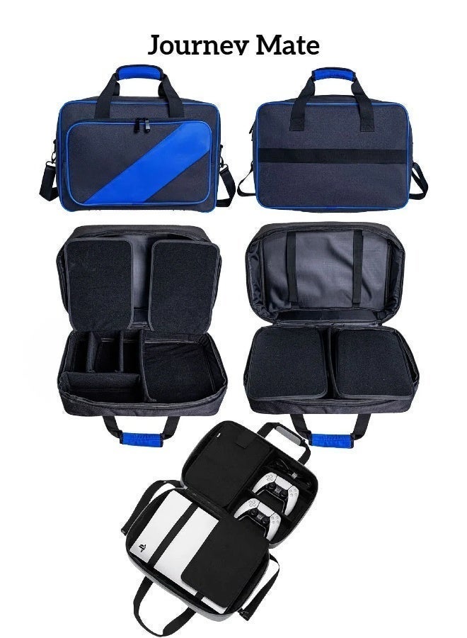 Journey Mate Travel Carrying Case for PS5 & PS5 Slim Console – Portable Storage Bag with Shoulder Strap & Top Handle, Fits Console, 2 DualSense Controllers, Headset, Cables & Accessories – Black/Blue
