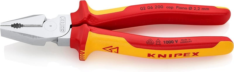 KNIPEX 02 06 200 High Leverage Combination Pliers chrome plated insulated with multi-component grips, VDE-tested 200 mm