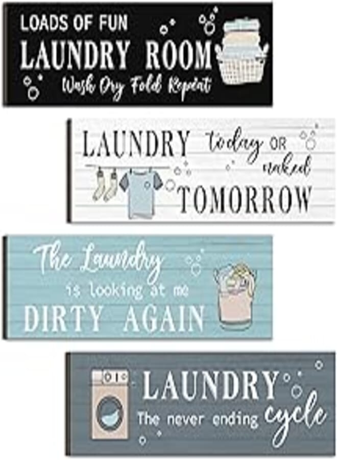 Laundry Room Decor Laundry Room Wooden Sign Funny Sign Wall Plaque Rustic Farmhouse Laundry Wall Decor Vintage Bathroom Wall Sign Laundry Rules Hanging Decor for Bathroom, 4 Pieces (Multi Color)