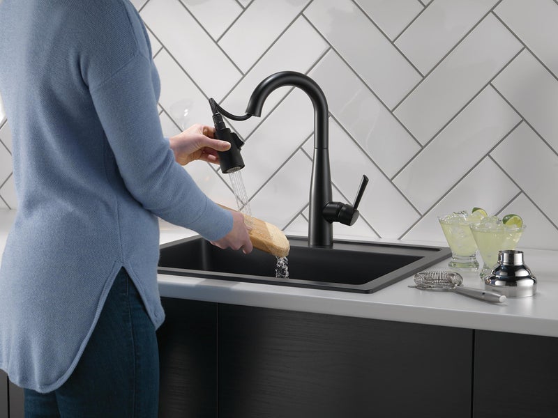 DELTA FAUCET Essa Matte Black Bar Faucet With Pull Down Sprayer, Black Bar Sink Faucet Single Hole, Wet Bar Faucets Single Hole, Prep Sink Faucet, Black Kitchen Faucet, Matte Black 9913-Bl-Dst - Image 2