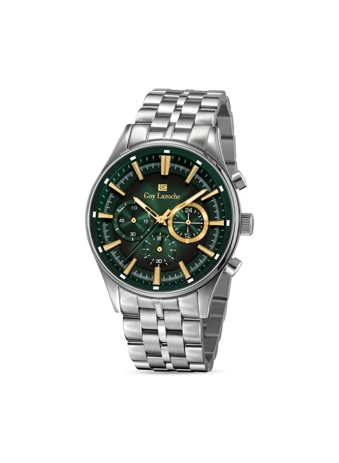 Guy Laroche Richard Green Dial Silver Metal Bracelet Chronograph Watch for Men 43mm