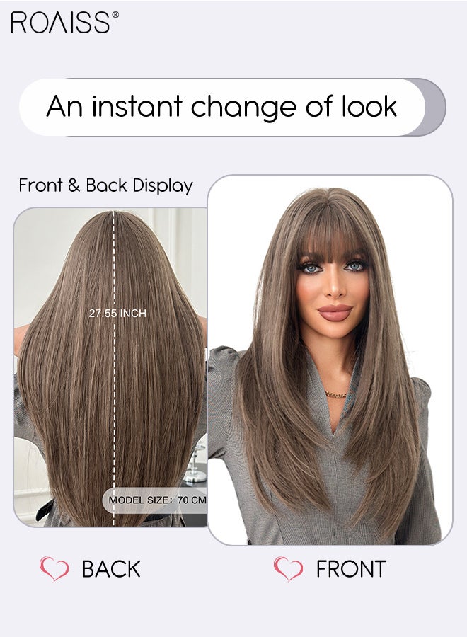 roaiss Long Straight Peppermint Tea Brown Hair Wig with Bangs for Women Natural Soft Fluffy Synthetic Heat Resistant Wig for Wedding Cosplay Party Daily Use, 70cm (27.56in) - Image 3