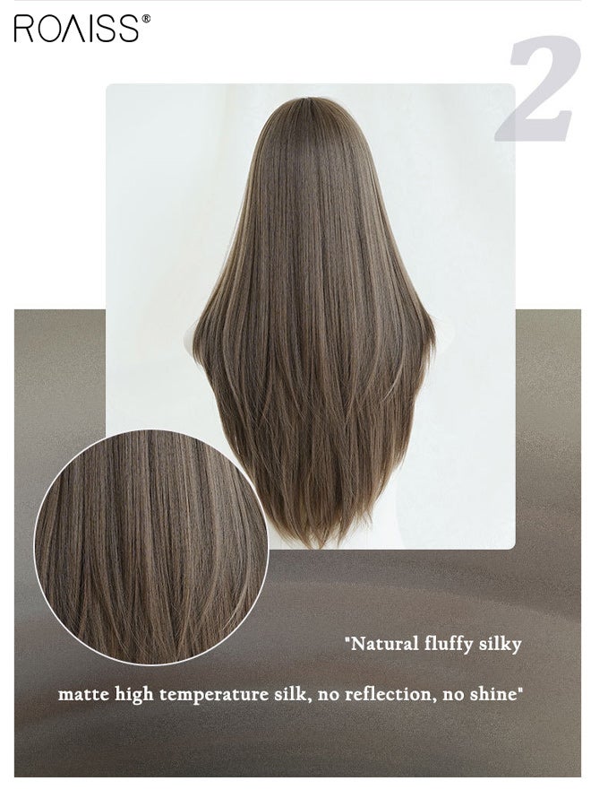 roaiss Long Straight Peppermint Tea Brown Hair Wig with Bangs for Women Natural Soft Fluffy Synthetic Heat Resistant Wig for Wedding Cosplay Party Daily Use, 70cm (27.56in) - Image 5
