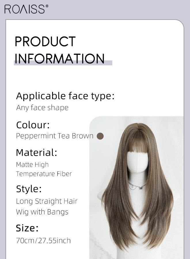 roaiss Long Straight Peppermint Tea Brown Hair Wig with Bangs for Women Natural Soft Fluffy Synthetic Heat Resistant Wig for Wedding Cosplay Party Daily Use, 70cm (27.56in) - Image 2