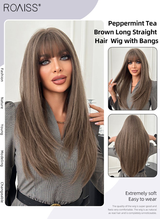 roaiss Long Straight Peppermint Tea Brown Hair Wig with Bangs for Women Natural Soft Fluffy Synthetic Heat Resistant Wig for Wedding Cosplay Party Daily Use, 70cm (27.56in) - Image 1