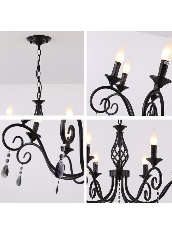 يوڠام ثريا بثماني لمبات بتصميم فرنسي ريفي مع شموع وكريستال، ثريا معلقة باللون الأسود الصناعي العتيق، مناسبة لغرفة المعيشة، المطبخ، غرفة الطعام، أو فوق الجزيرة - Image 3