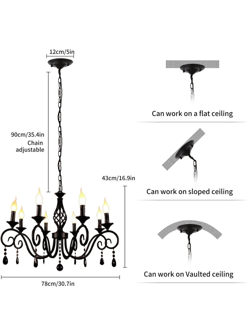 يوڠام ثريا بثماني لمبات بتصميم فرنسي ريفي مع شموع وكريستال، ثريا معلقة باللون الأسود الصناعي العتيق، مناسبة لغرفة المعيشة، المطبخ، غرفة الطعام، أو فوق الجزيرة - Image 2