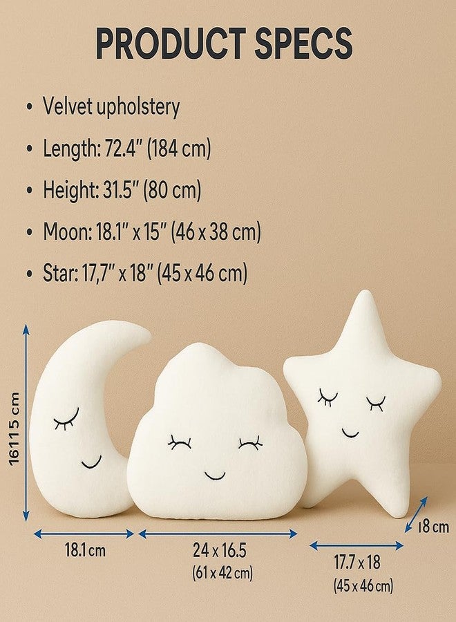 HAPPY BRO White Pack of 3 Moon, Star & Cloud Shaped Soft Plush Pillows | Cute Decorative Cushions for Sofa, Bed, Nursery, Kids Room & Home Décor - Image 4