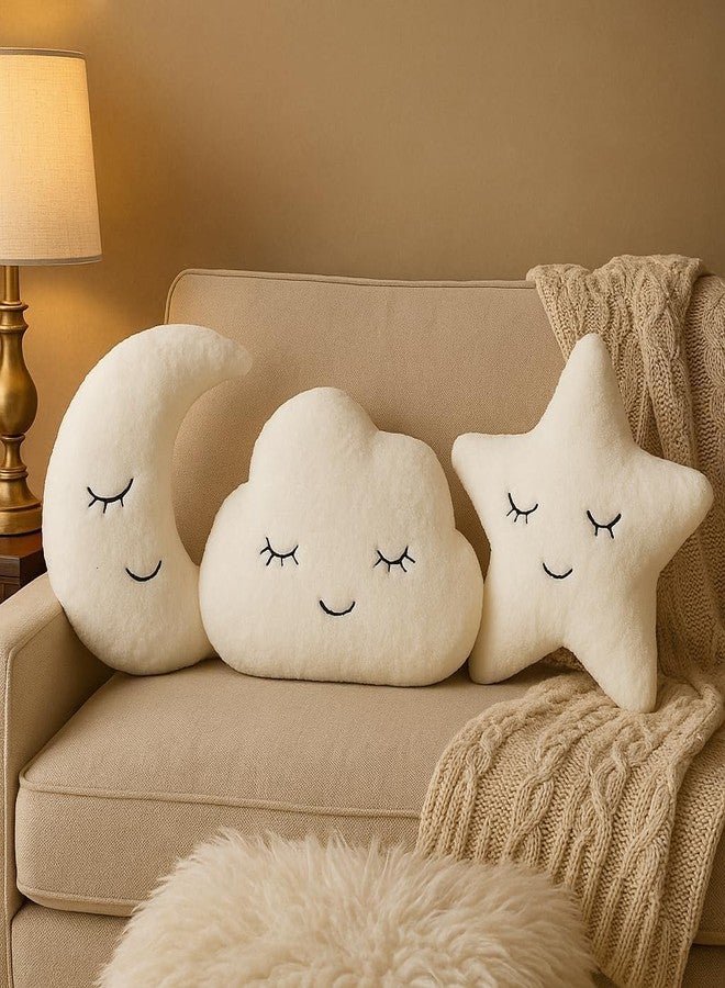 HAPPY BRO White Pack of 3 Moon, Star & Cloud Shaped Soft Plush Pillows | Cute Decorative Cushions for Sofa, Bed, Nursery, Kids Room & Home Décor - Image 1