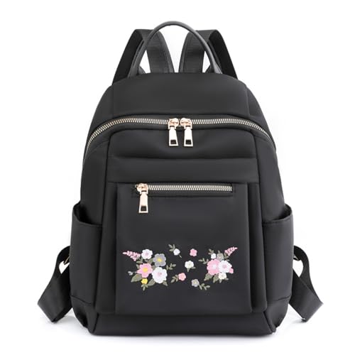 Ogetok Small Black Women's Fashion Travel Backpack Bag, Lady Small Daily Daypack, Light Weight Casual Satchel Handbags Shoulder Bag (Embroidered Flowers) - Image 1