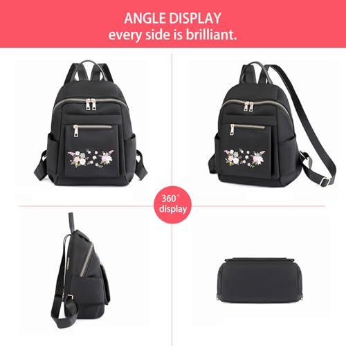 Ogetok Small Black Women's Fashion Travel Backpack Bag, Lady Small Daily Daypack, Light Weight Casual Satchel Handbags Shoulder Bag (Embroidered Flowers) - Image 4