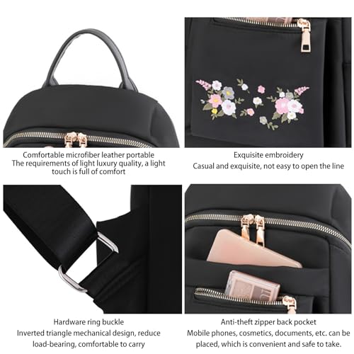 Ogetok Small Black Women's Fashion Travel Backpack Bag, Lady Small Daily Daypack, Light Weight Casual Satchel Handbags Shoulder Bag (Embroidered Flowers) - Image 3