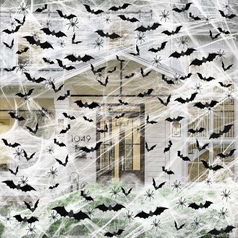Famoby 1200 sqft Halloween Spider Webs and 120pcs Fake Bats and 50pcs Fake Spiders Super Stretch Cobwebs Party Decorate for Halloween Theme Indoor and Outdoor Decoration - Image 2