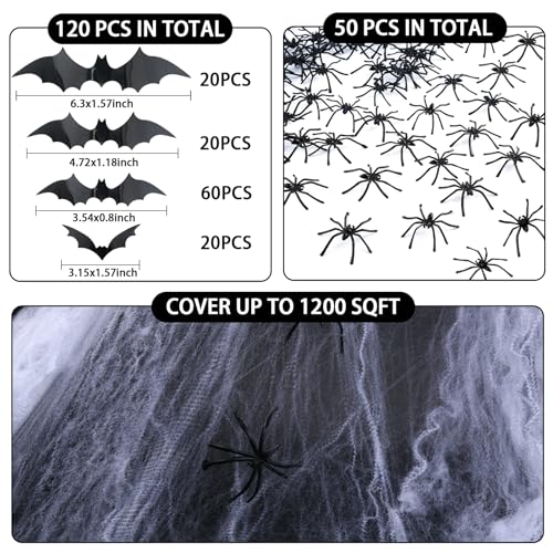 Famoby 1200 sqft Halloween Spider Webs and 120pcs Fake Bats and 50pcs Fake Spiders Super Stretch Cobwebs Party Decorate for Halloween Theme Indoor and Outdoor Decoration - Image 3