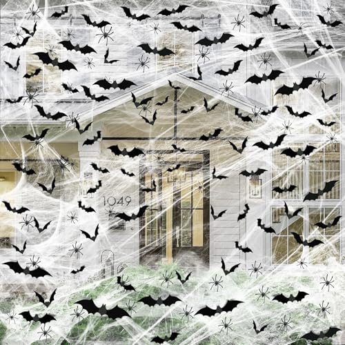 Famoby 1200 sqft Halloween Spider Webs and 120pcs Fake Bats and 50pcs Fake Spiders Super Stretch Cobwebs Party Decorate for Halloween Theme Indoor and Outdoor Decoration - Image 1