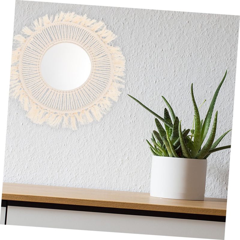 Macrame Mirror 13.76-Inch Round Beige Hand-Woven Cotton Rope Frame - Exquisite Craftsmanship Decorative Mirror for Living Rooms Bedrooms Bathrooms Dorm Spaces - Image 2