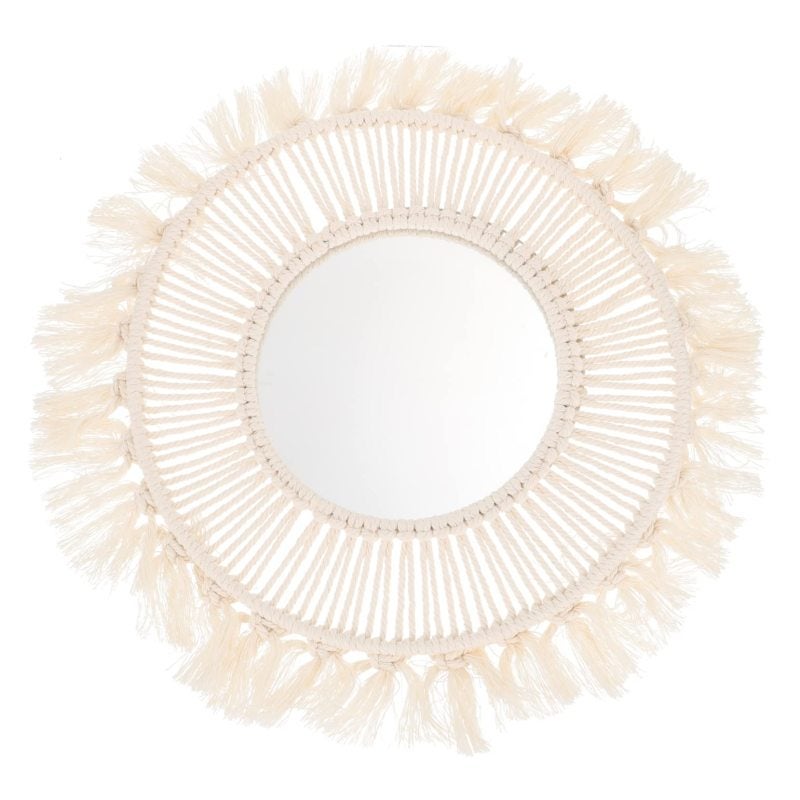 Macrame Mirror 13.76-Inch Round Beige Hand-Woven Cotton Rope Frame - Exquisite Craftsmanship Decorative Mirror for Living Rooms Bedrooms Bathrooms Dorm Spaces - Image 1